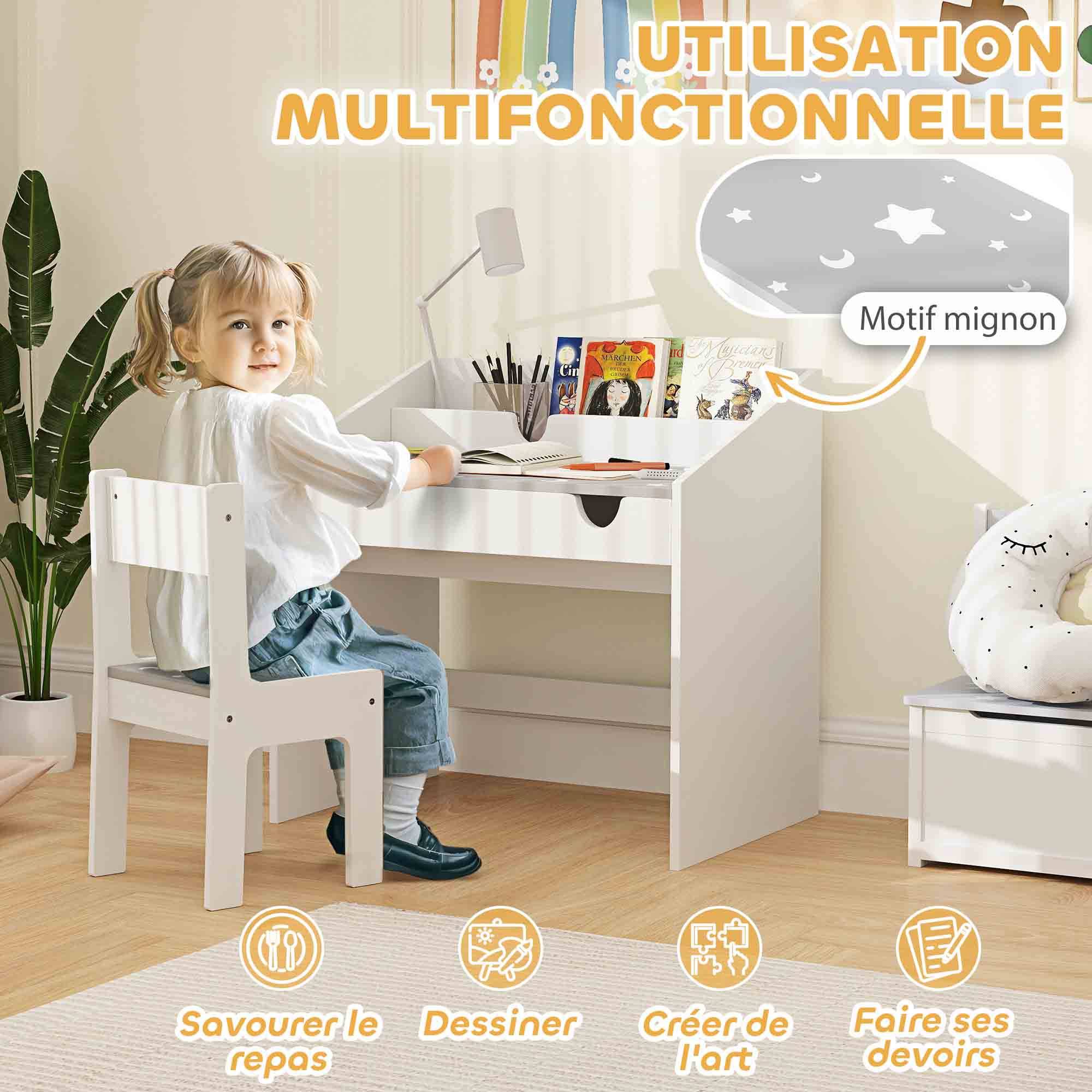 Ensemble bureau chaise enfant avec rangement tiroir coulissant,3-6 ans, motif étoiles, gris - Image 6