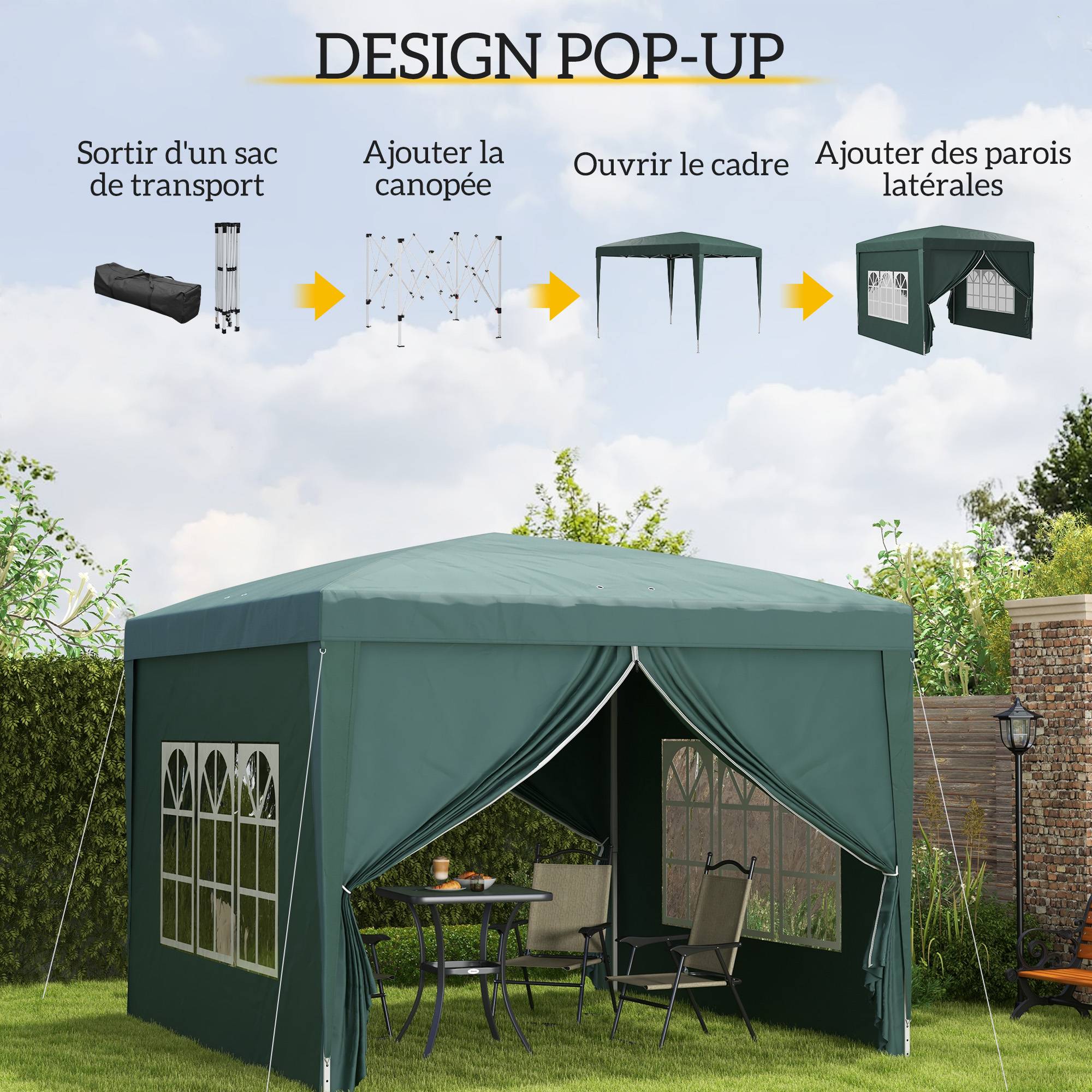 Tonnelle pliante polyester réception fêtes protection UV 3x3 vert - ComfortXL Outdoor Living - Image 6