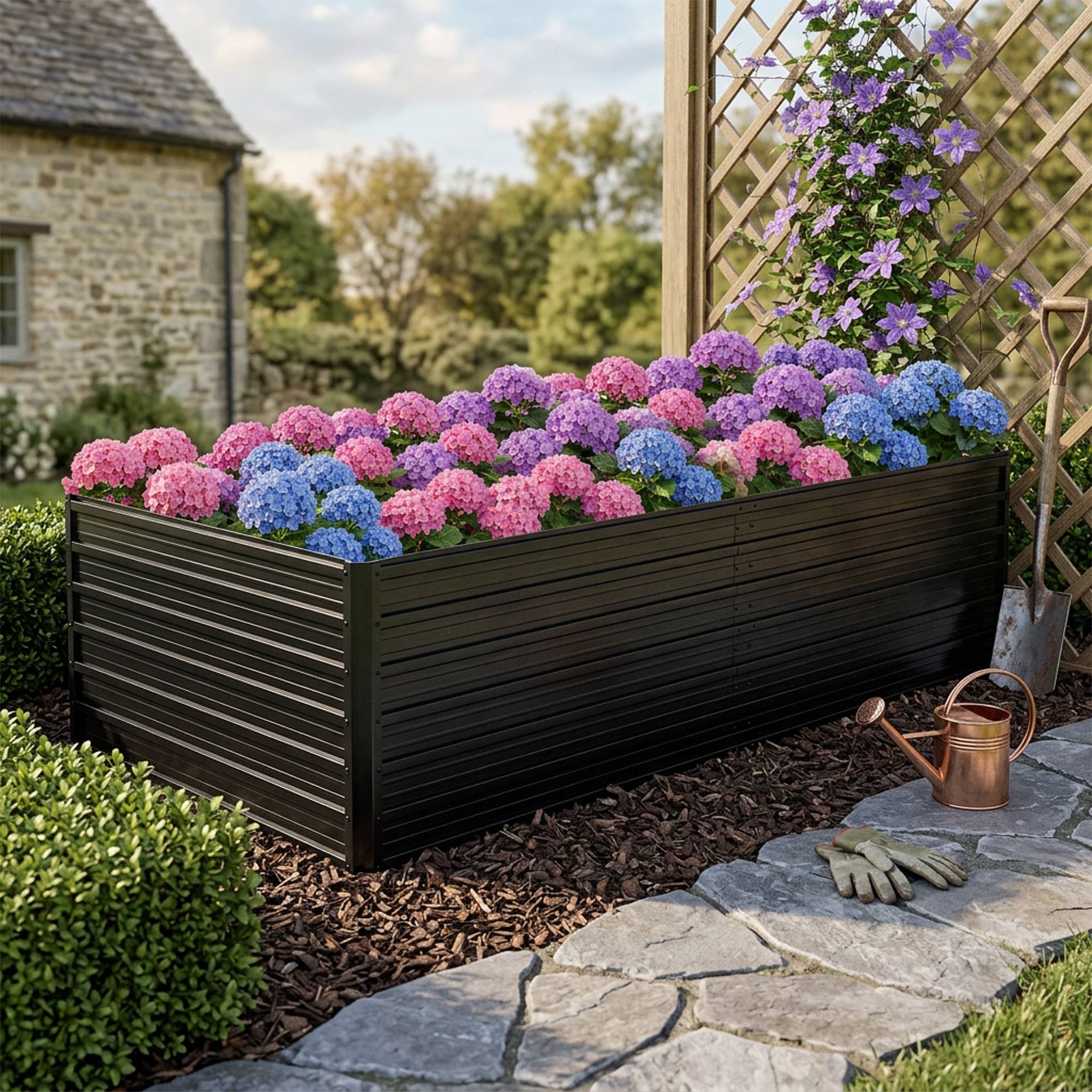 Carré potager surélevé métal pour jardin extérieur fond ouvert 219x112x64cm noir - ComfortXL Outdoor Living - Image 1