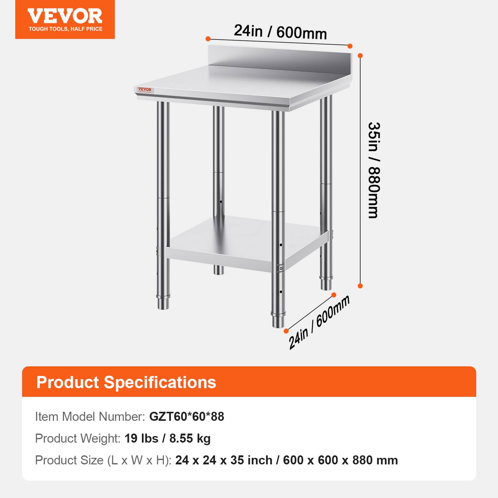 Vevor - VEVOR Table travail cuisine inox 60x60x80cm 2 étages, charge 750kg, pour préparation repas, hôtels, hôpitaux. - Image 7