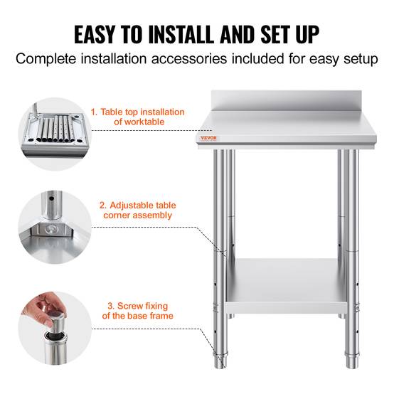 Vevor - VEVOR Table travail cuisine inox 60x60x80cm 2 étages, charge 750kg, pour préparation repas, hôtels, hôpitaux. - Image 6