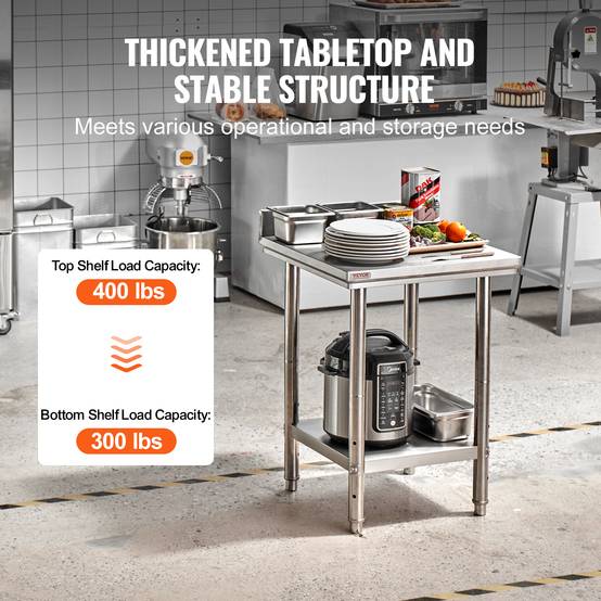 Vevor - VEVOR Table travail cuisine inox 60x60x80cm 2 étages, charge 750kg, pour préparation repas, hôtels, hôpitaux. - Image 3
