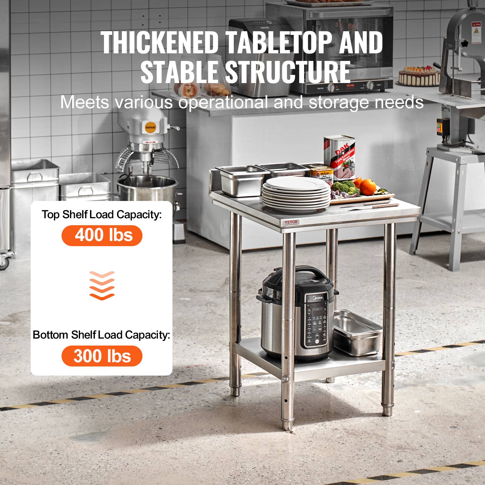 Vevor - VEVOR Table travail cuisine inox 60x60x80cm 2 étages, charge 750kg, pour préparation repas, hôtels, hôpitaux. - Image 3