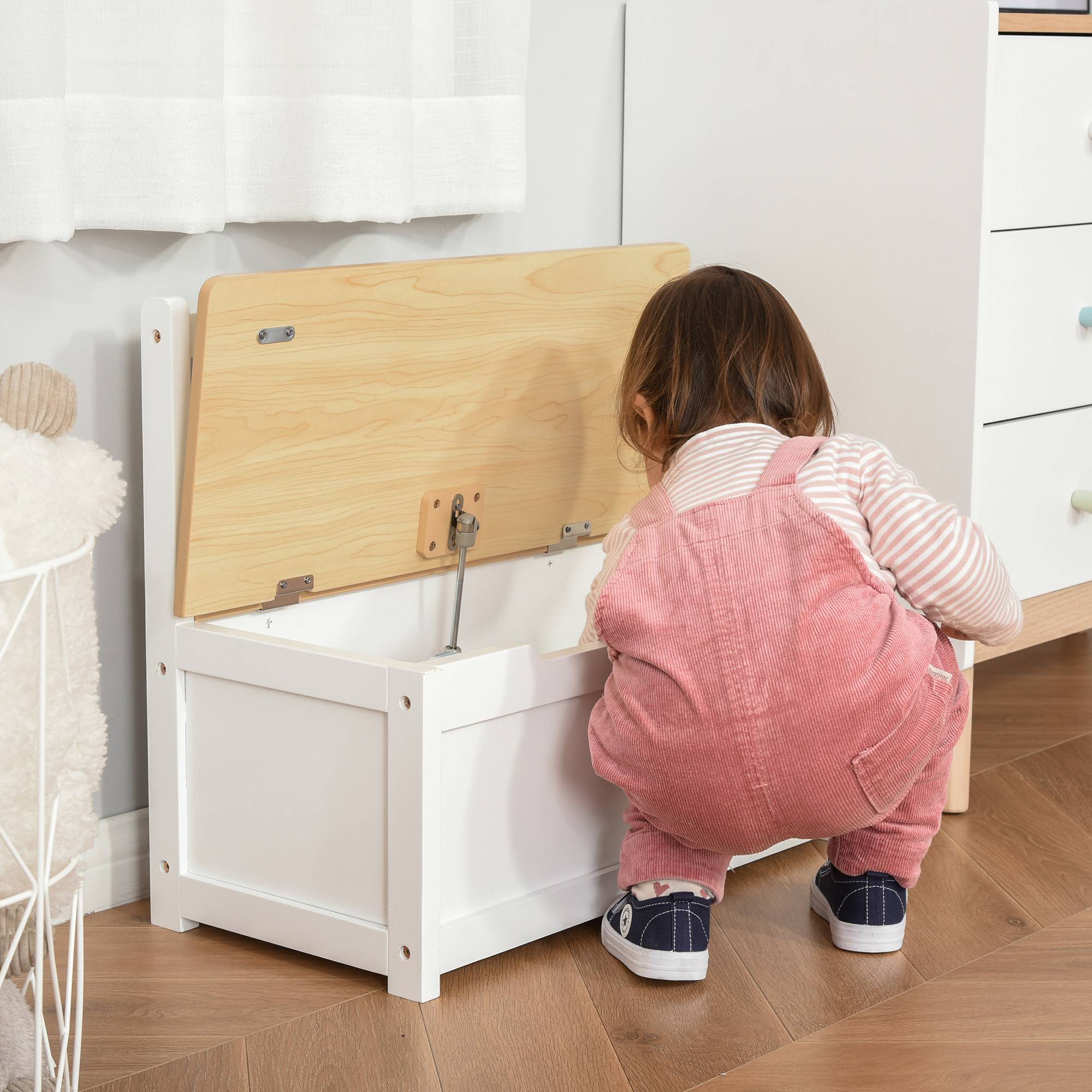 Banc coffre blanc avec dossier et couvercle amorti charge 40 kg rangement jouets 60 × 30 × 50 cm salle de jeu - Image 9