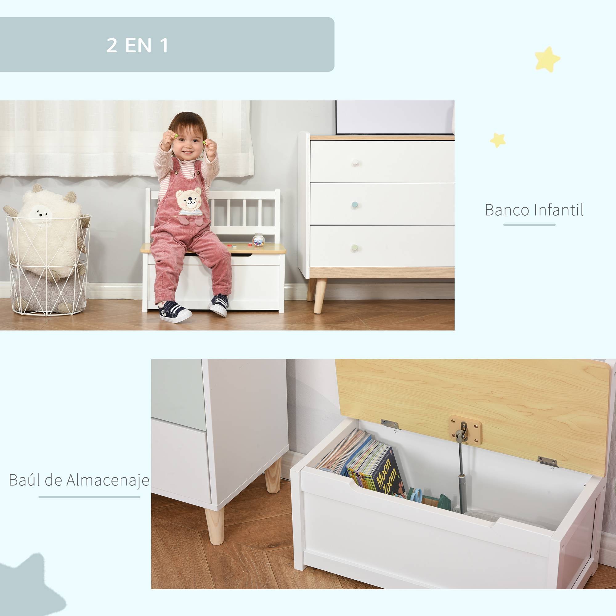 Banc coffre blanc avec dossier et couvercle amorti charge 40 kg rangement jouets 60 × 30 × 50 cm salle de jeu - Image 6