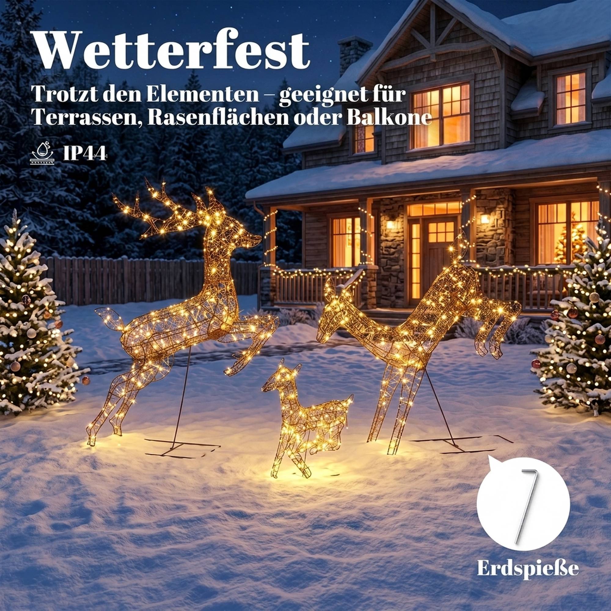 ComfortXL - Famille de rennes lumineux de Noël métal rotin synthétique marron 3 pièces 200 LED 8 modes extérieur abrité - Image 7