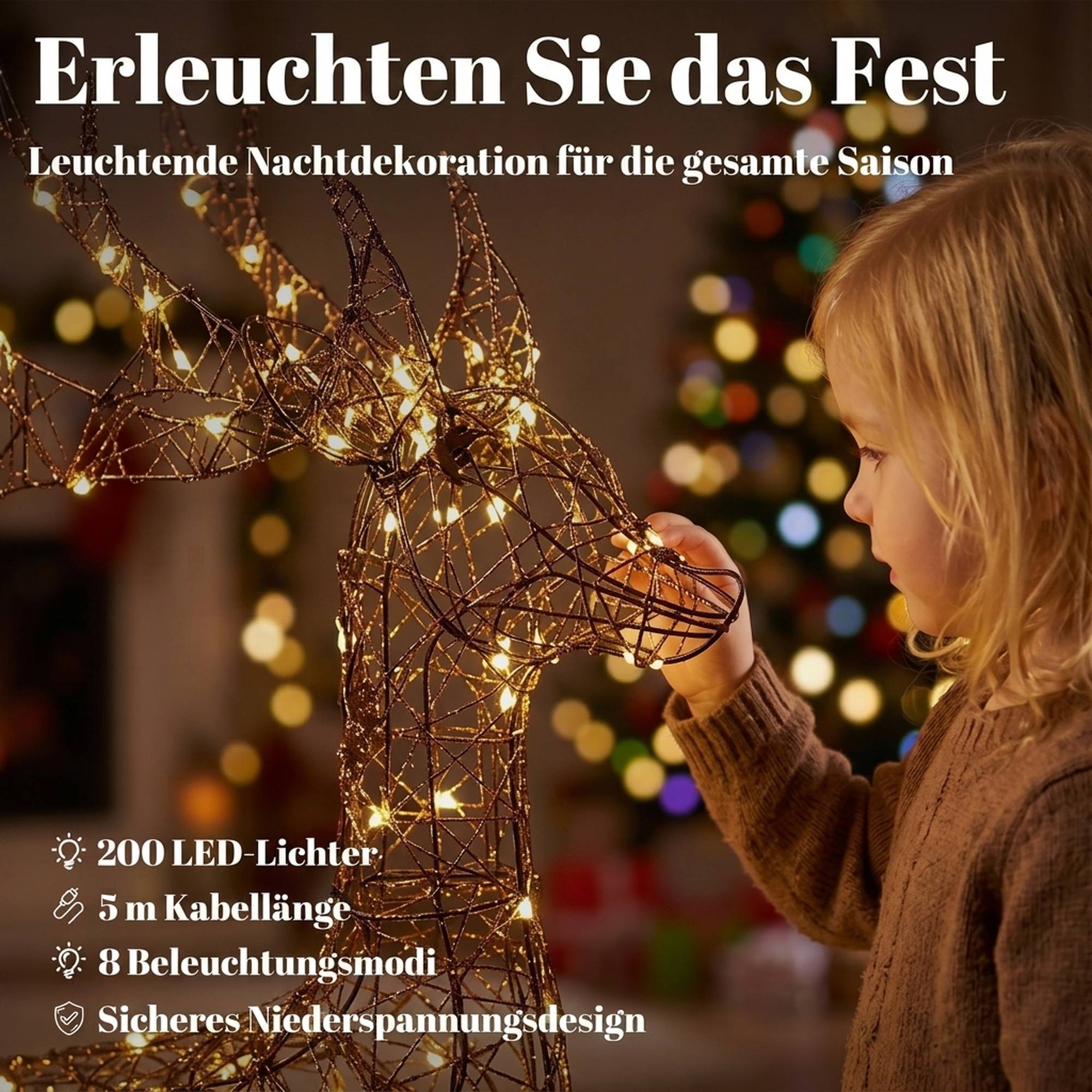 ComfortXL - Famille de rennes lumineux de Noël métal rotin synthétique marron 3 pièces 200 LED 8 modes extérieur abrité - Image 5