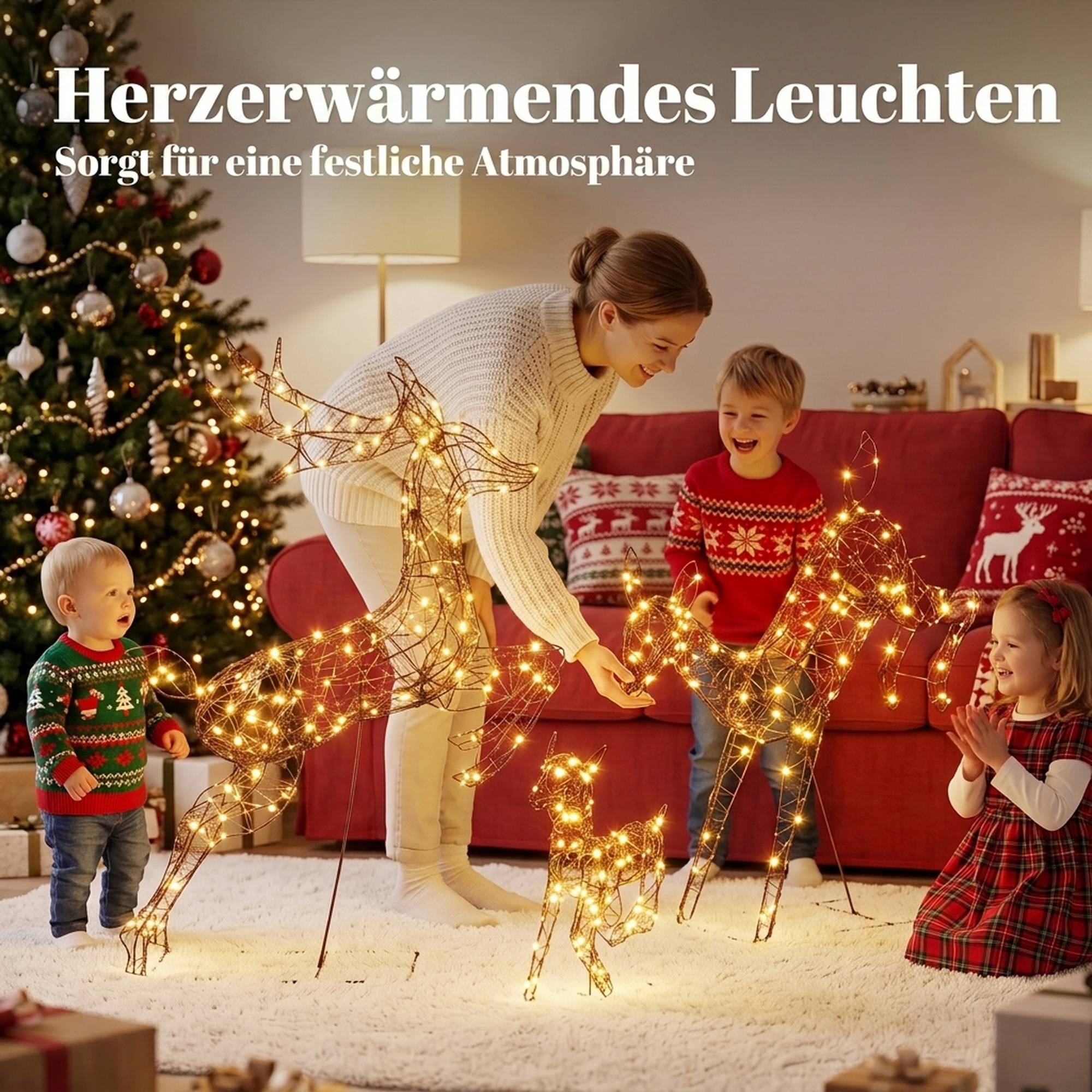 ComfortXL - Famille de rennes lumineux de Noël métal rotin synthétique marron 3 pièces 200 LED 8 modes extérieur abrité - Image 4