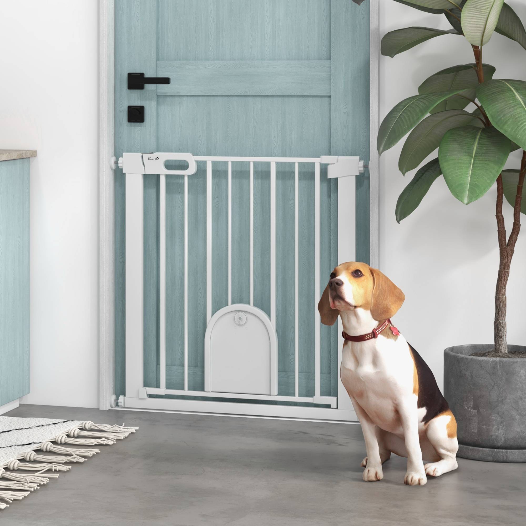 Sans Marque - Barrière réglable pour animaux, avec petite porte, métal et plastique, blanc - Image 3