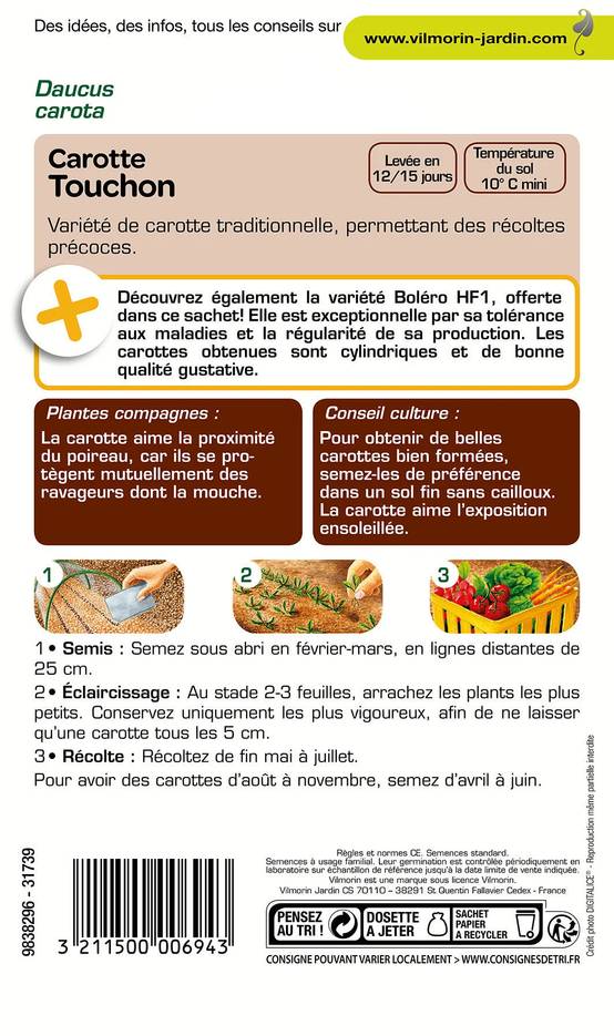 Vilmorin - Carotte Touchon + échantillon carotte boléro série 1 sachet graines 4 g - Vilmorin - Image 3