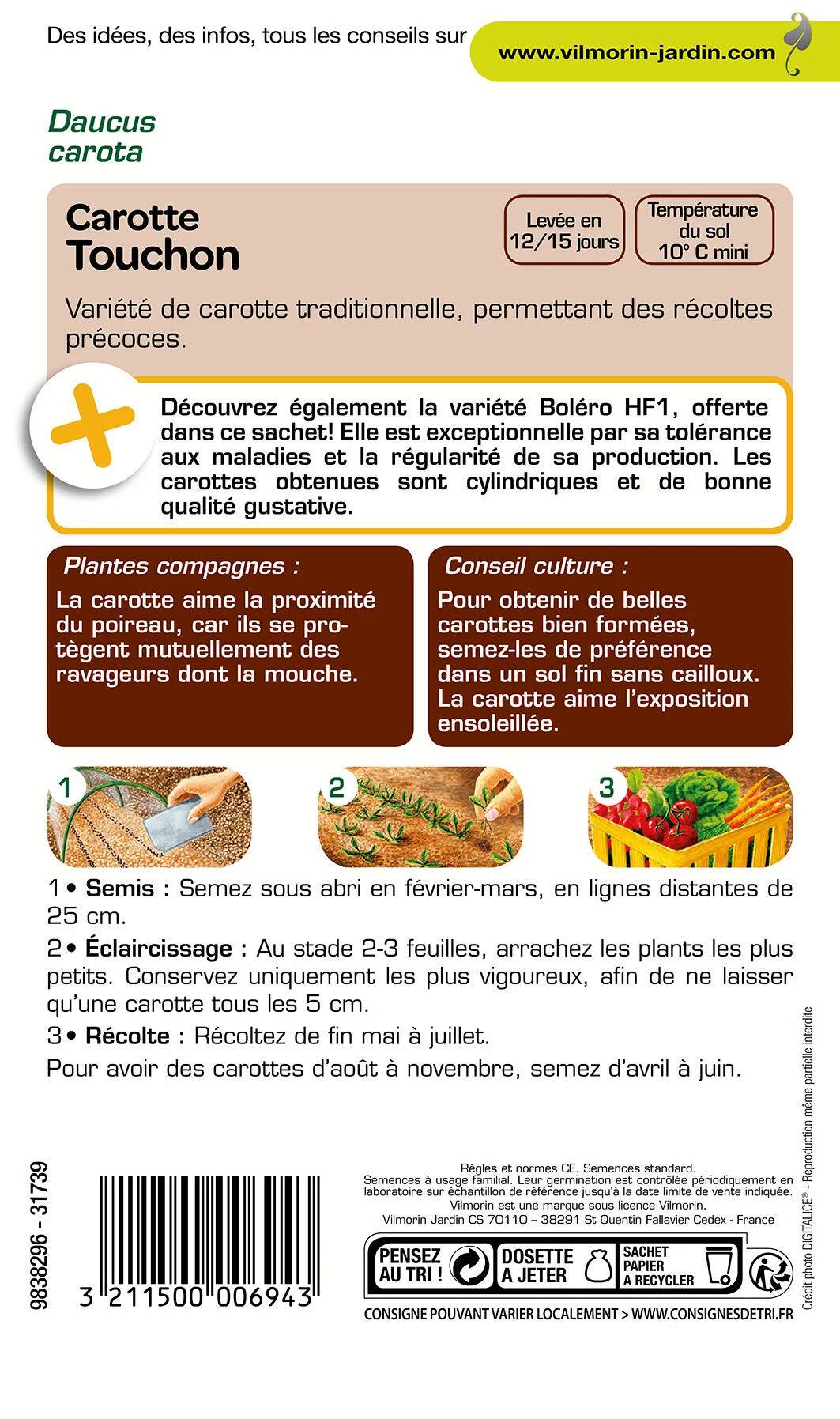 Vilmorin - Carotte Touchon + échantillon carotte boléro série 1 sachet graines 4 g - Vilmorin - Image 3