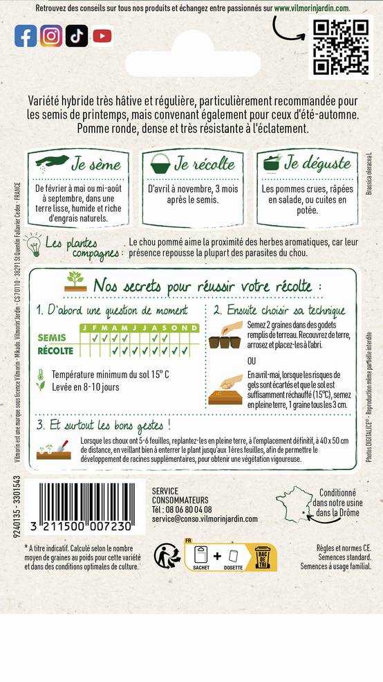 Vilmorin - Chou Blanc Tête de Pierre HF1 serie 3 sachet graines 0,8 g - Vilmorin - Image 4