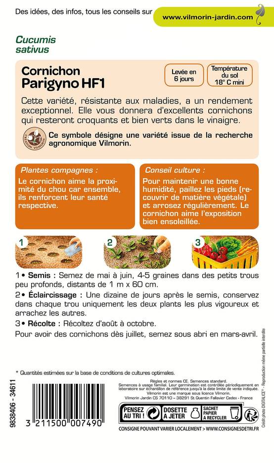 Vilmorin - Cornichon Parigyno HF1 serie 3 sachet graines 2 g - Vilmorin - Image 3