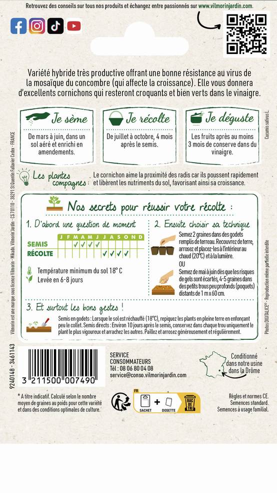 Vilmorin - Cornichon Parigyno HF1 serie 3 sachet graines 2 g - Vilmorin - Image 4