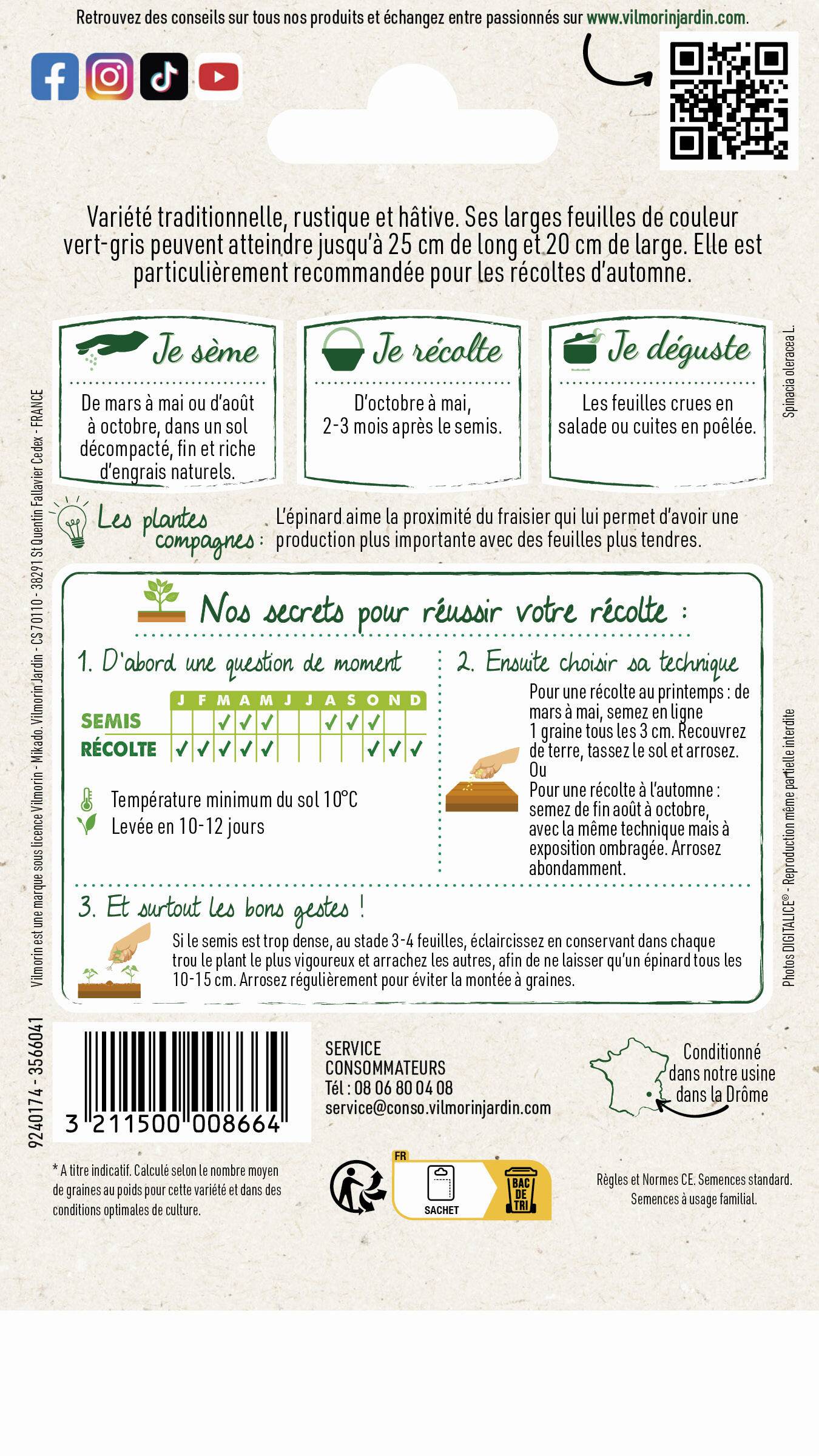 Vilmorin - Epinard monstrueux de Viroflay série 1 sachet graines 15 g - Vilmorin - Image 3