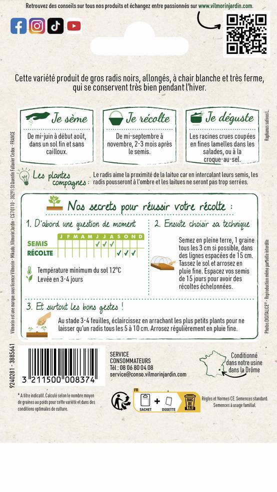 Vilmorin - Radis Noir Gros Long d'Hiver serie 1 sachet graines 6 g - Vilmorin - Image 3