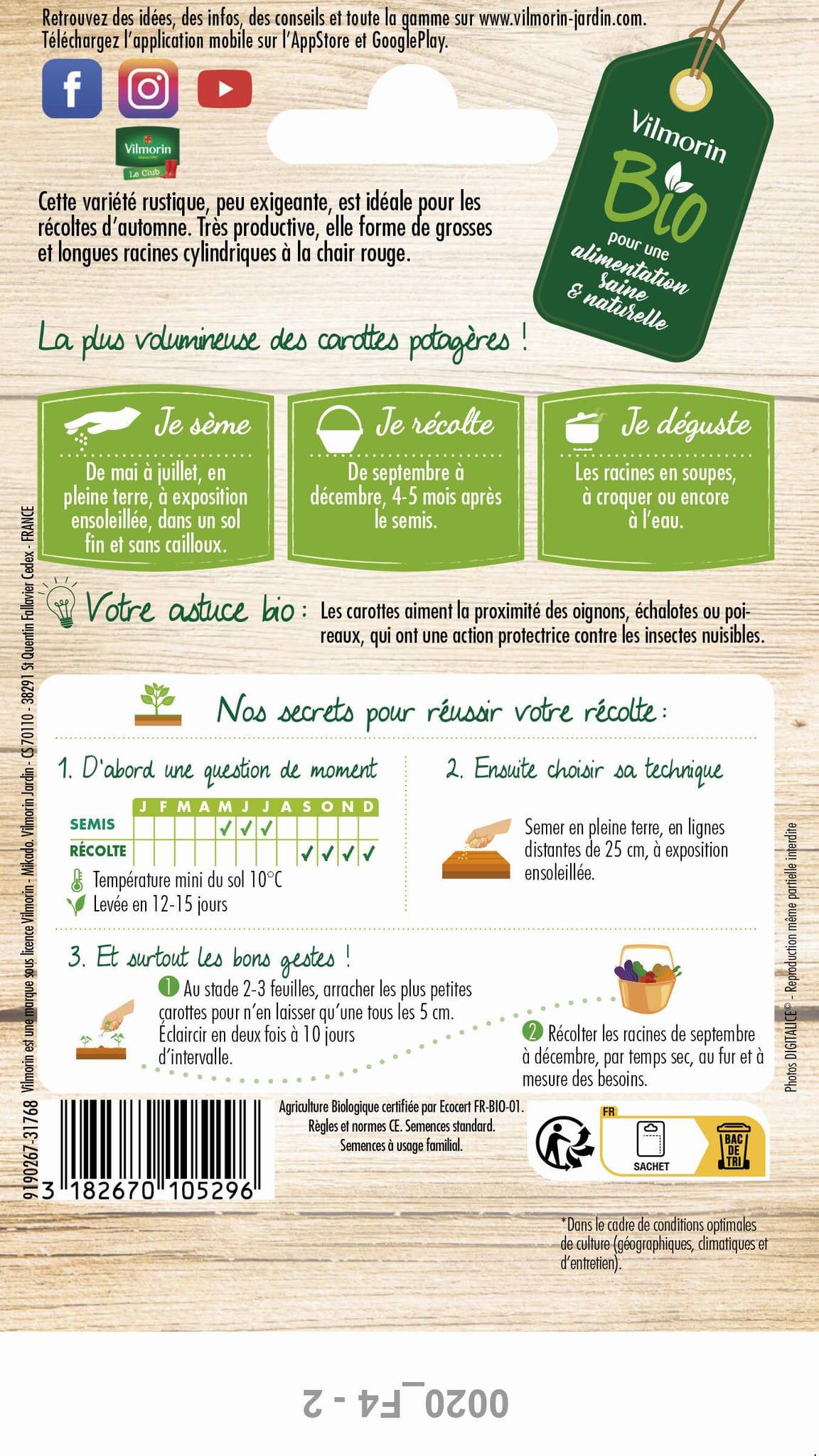 Vilmorin - Carotte de Colmar à cœur rouge 2 Bio série 2 sachet graines 4 g - Vilmorin - Image 1