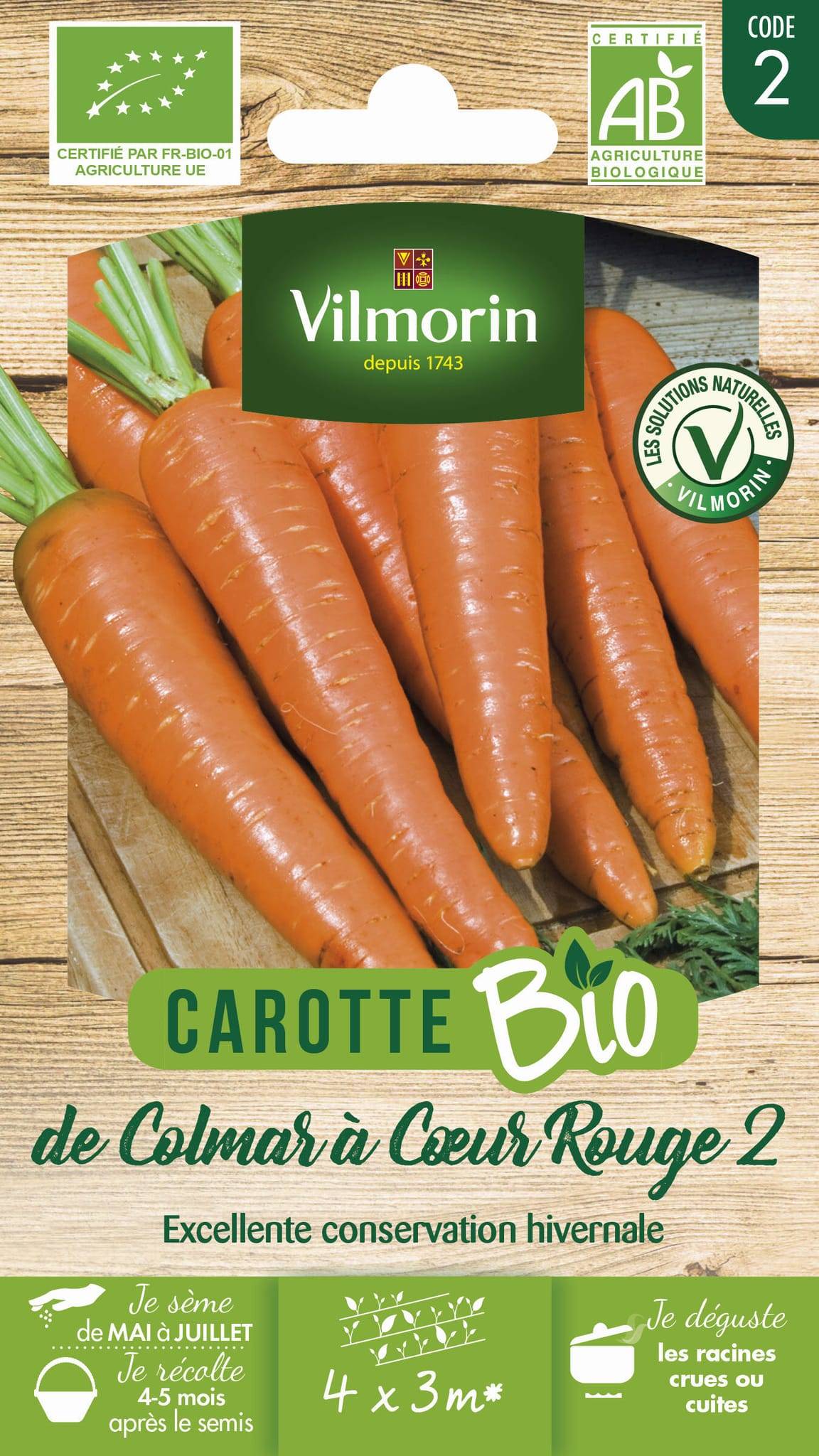 Vilmorin - Carotte de Colmar à cœur rouge 2 Bio série 2 sachet graines 4 g - Vilmorin - Image 2