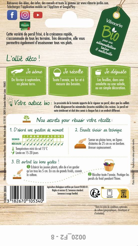 Vilmorin - Persil à feuilles frisé vert foncé Bio série 2 sachet graines 5 g - Vilmorin - Image 1