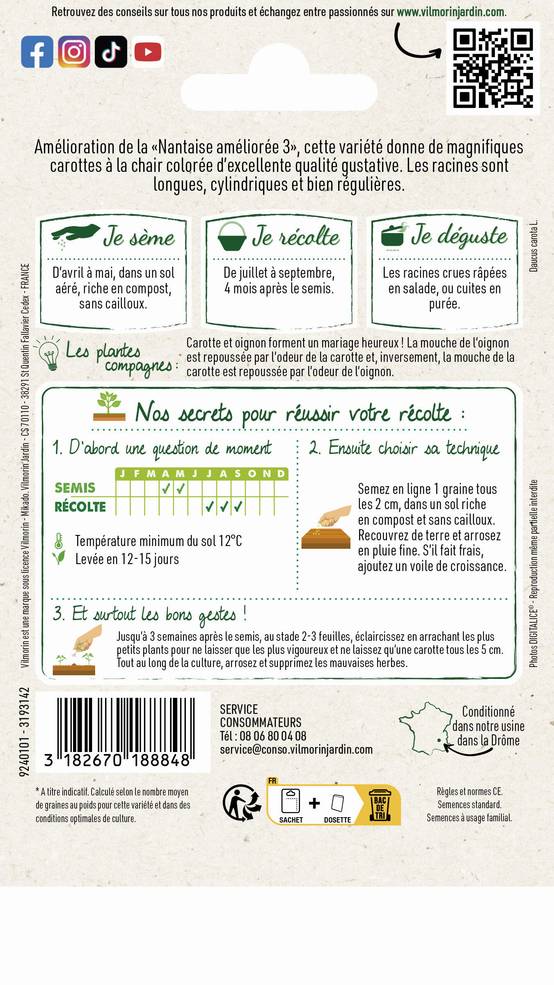Vilmorin - Carotte nantaise améliorée 3 race Tam Tam rpl Tim tom série 2 sachet graines 4 g - Vilmorin - Image 4
