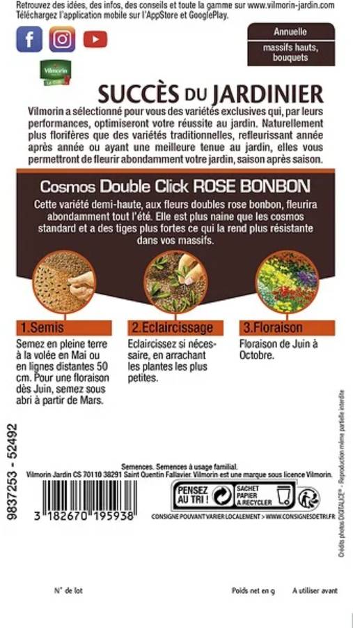 Vilmorin - Cosmos Double Click Rose Bonbon serie 3 sachet graines 1 g - Vilmorin - Image 5