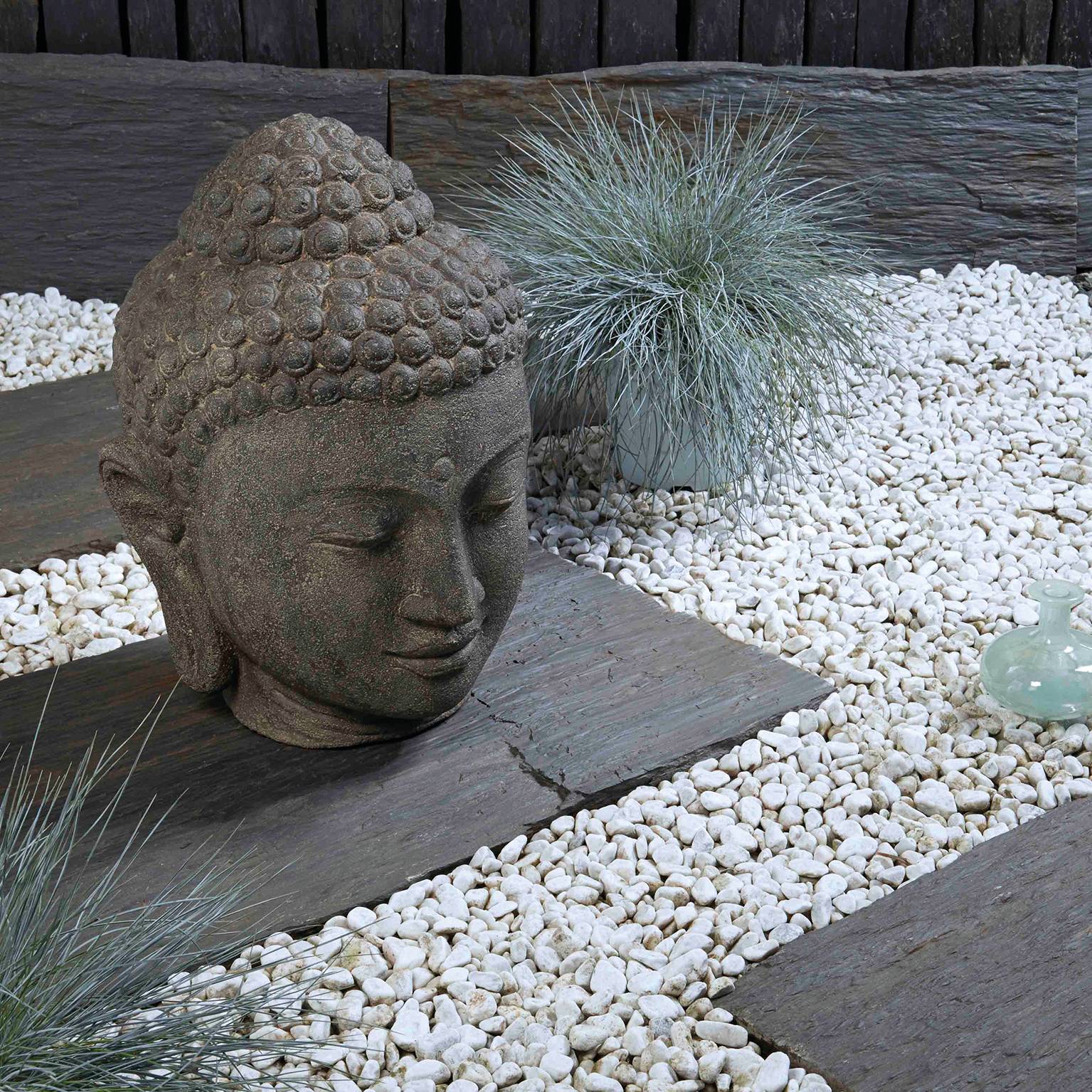 Tête Bouddha Statue Pierre gris H.50 cm - PENEZ HERMAN - Image 3