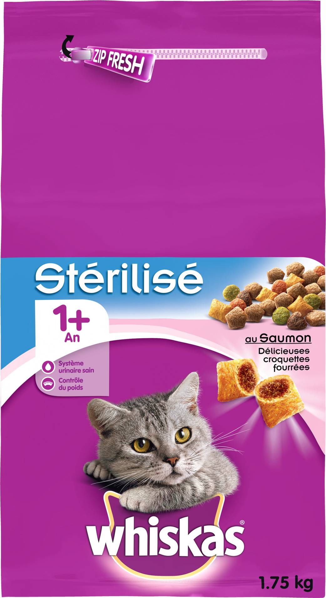 Whiskas - Croquettes Whiskas Chat Stérilisé 1 an+ Saumon 1,75KG