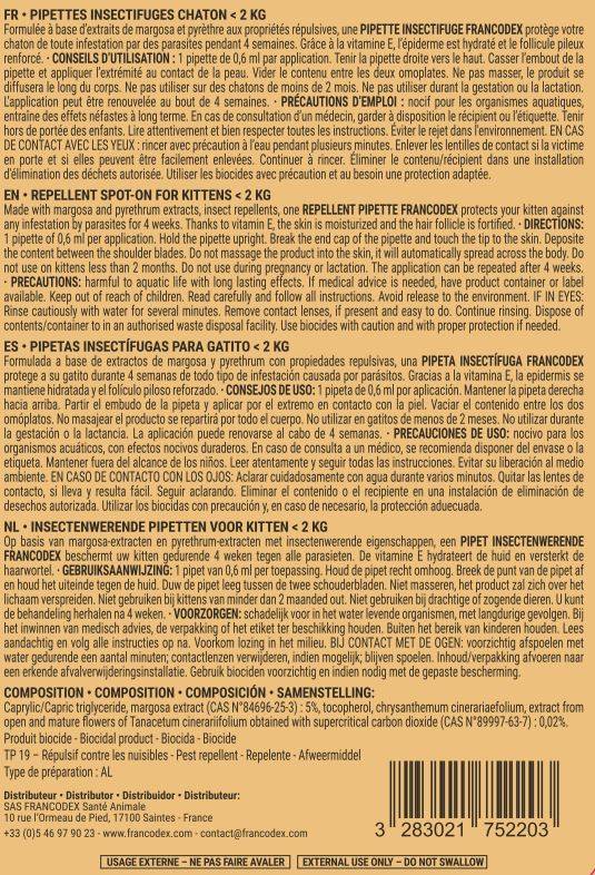 Francodex - Pipettes Antiparasitaires Répulsives Chaton 4x0,6 ml - Image 2