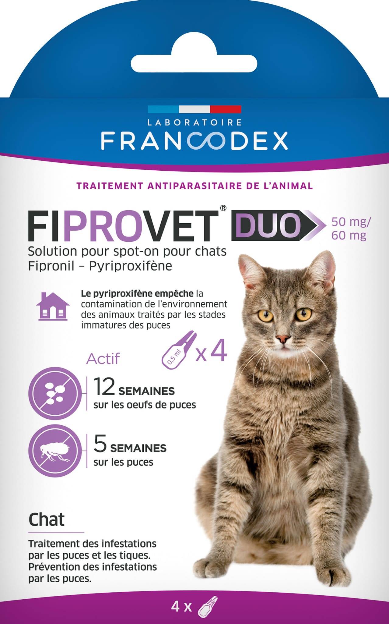 Francodex - FIPROVET DUO 50 mg/60 mg - Solution pour spot-on chat x4