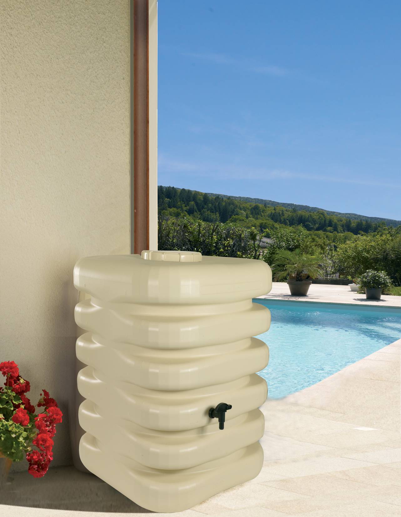 Belli - Récupérateur d'eau de pluie 350L couvercle, robinet et collecteur inclus cubique beige - BELLI - Image 3