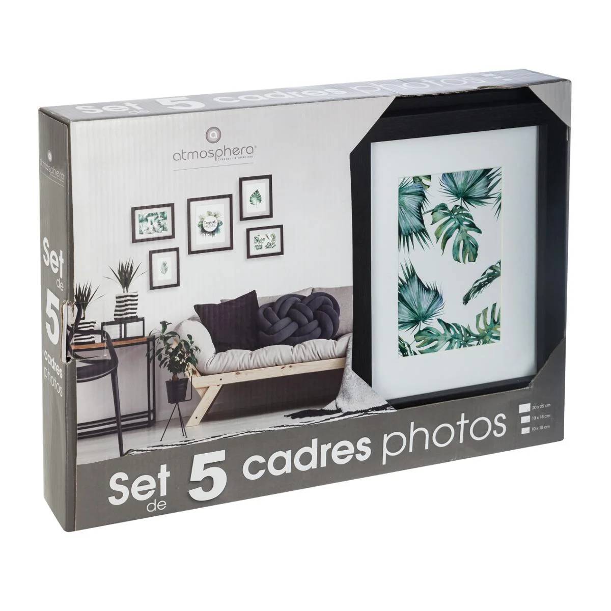 Set de 5 cadres photos bois et verre tropical noir ATMOSPHERA