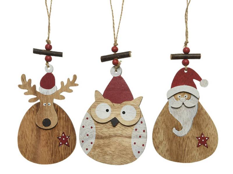 Kaemingk - Figurine de Noël en bois - Renne Chouette Père Noël à suspendre