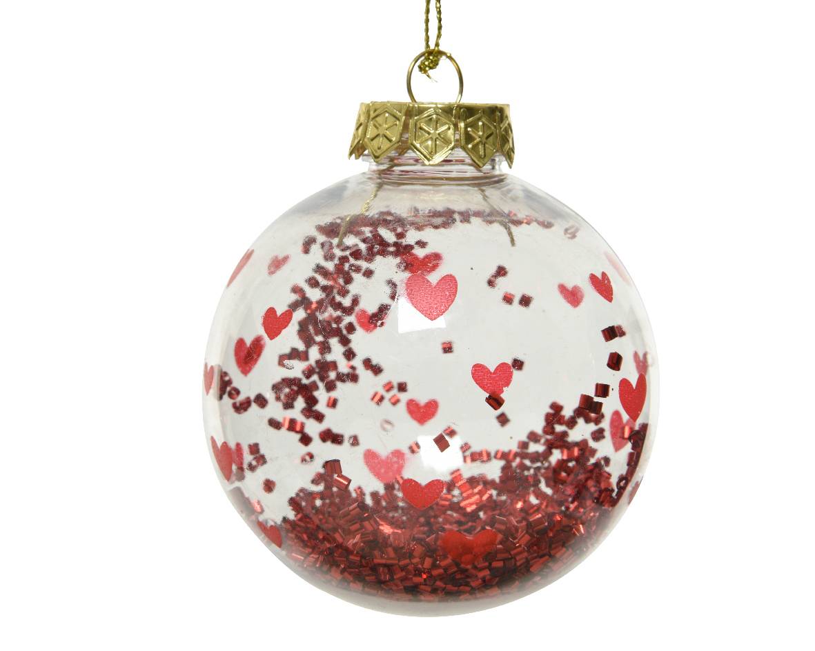 Decoris - Boule de Noël incassable transparente Cœur/Confettis Rouge Ø.8 cm