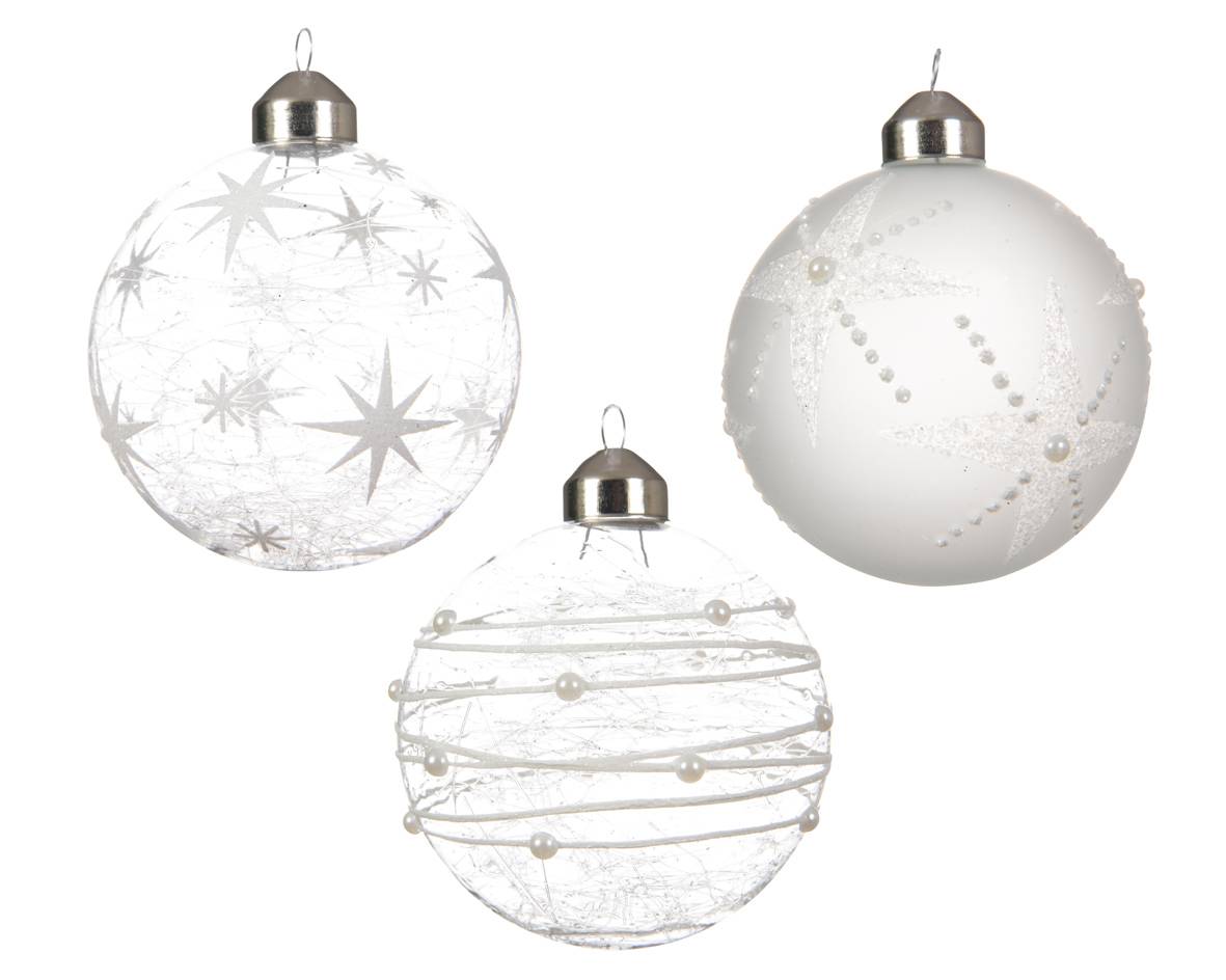 Decoris - Boule de Noël en Verre Blanche Transparente Ø.8 cm