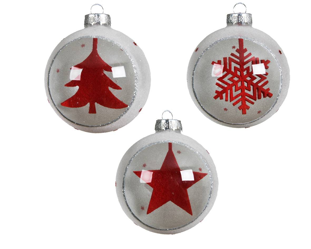 Decoris - Boule Noël transparente en verre Paillettes/Feutrine rouge Ø.8 cm