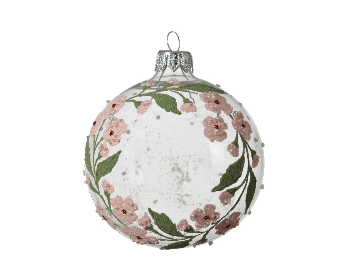 Decoris - Boule de Noël en Verre Transparente Couronne Fleurs Ø.8 cm