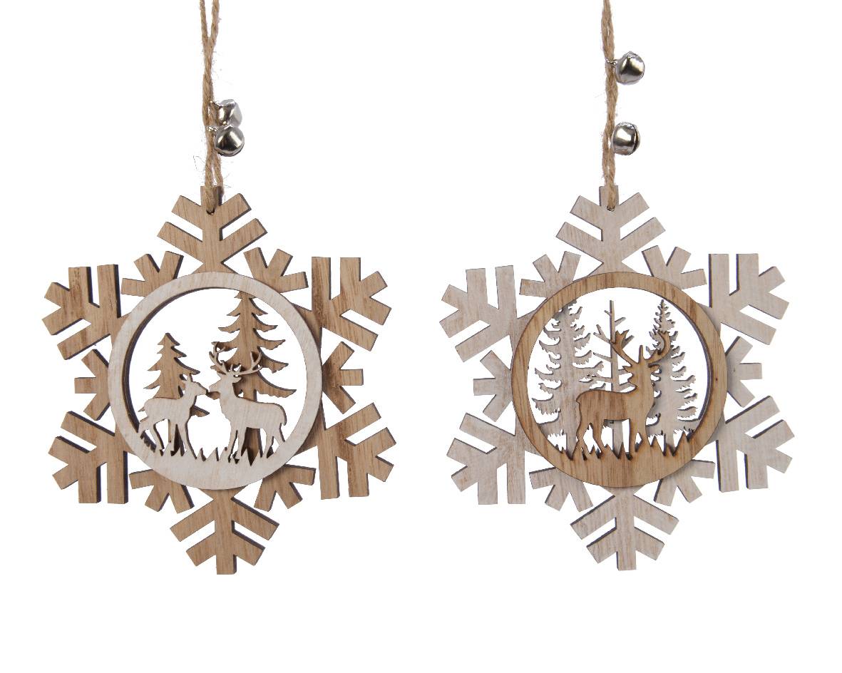 Decoris - Figurines bois Noël flocons renne 12 x 0,7 x 12 cm - DECORIS