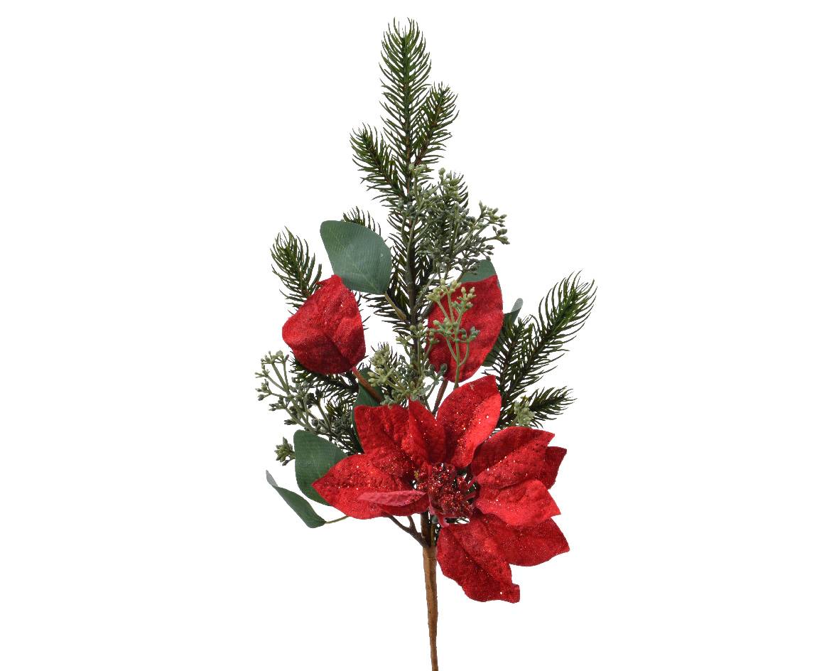 Decoris - Branche Poinsettia artificielle Vert/Rouge L.50 x l.13 x H.7 cm