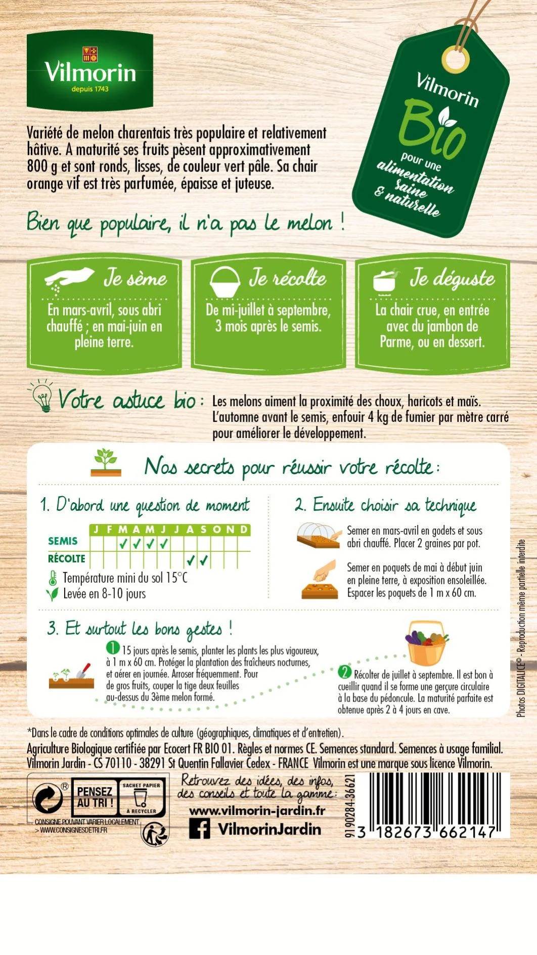 Vilmorin - Melon Charentais Bio série 3 sachet graines 2 g - Vilmorin - Image 2