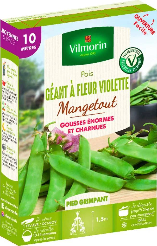 Vilmorin - Pois Mangetout Géant à Fleur Violette serie 10M boîte graines 110 g - Vilmorin - Image 1