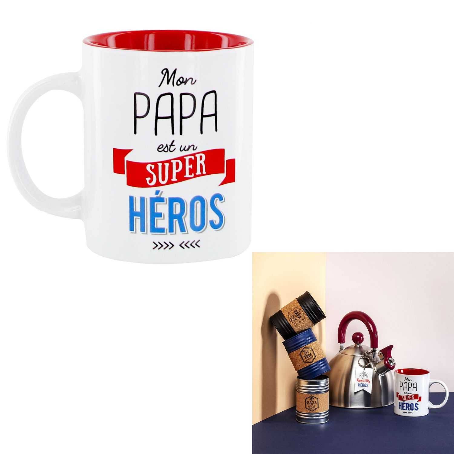 Mug en céramique rouge et blanc - MUG PAPA EST UN SUPER-HEROS M12