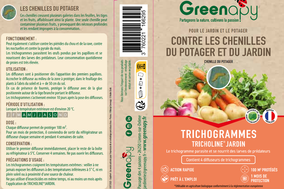 Greenapy - Tricholine Jardin anti-chenilles Trichogramma spp. boîte de 4 diffuseurs - Greenapy