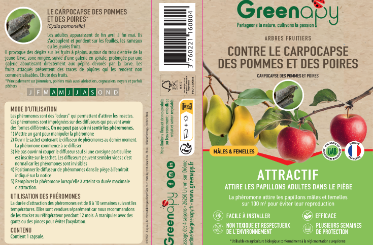 Greenapy - Phéromone carpocapse des pommes mâle-femelle Cydia pomonella boîte d'1 capsule - Greenapy