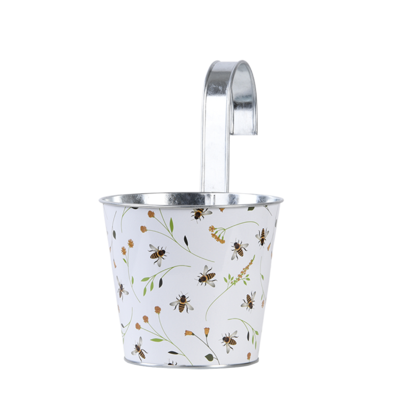 Cache-pot en acier motif abeille blanc L.15,9 cm P.26 cm H.25,7 cm