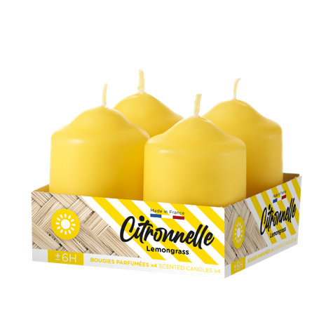 Bougies la Française - 4 Bougies cylindriques citronnelle Ø.3,80 x H.5,60 cm