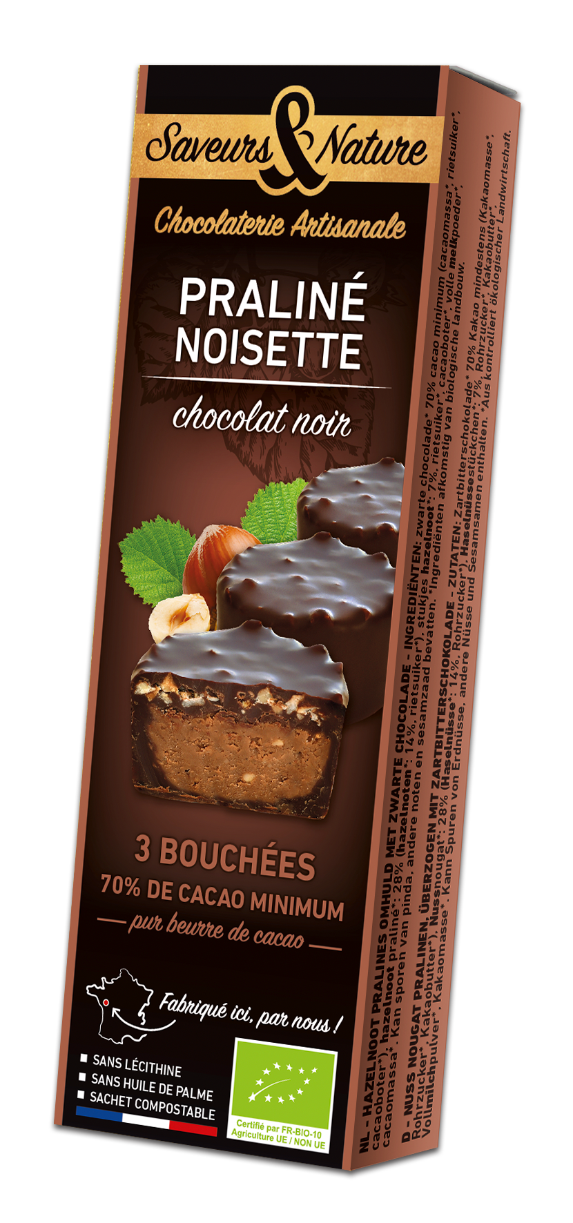 Saveurs et Nature - Bouchées praliné noisette enrobées de chocolat noir 70% de cacao 45 g -  Saveurs et Nature