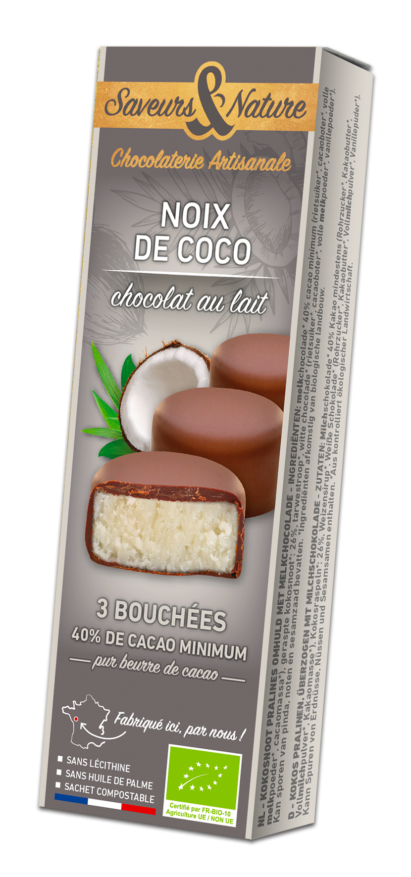 Saveurs et Nature - Bouchées noix de coco enrobées de chocolat au lait 40% de cacao 45 g - Saveurs et Nature