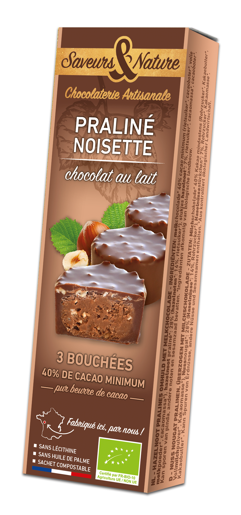 Saveurs et Nature - Bouchées praliné noisette enrobées de chocolat au lait 40% de cacao 45 g - Saveurs et Nature