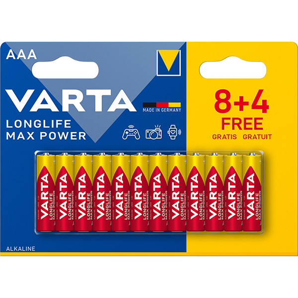 Lot de 12 piles alcalines LR03 AAA 1,5V Longlife Max Power - VARTA - Image 1