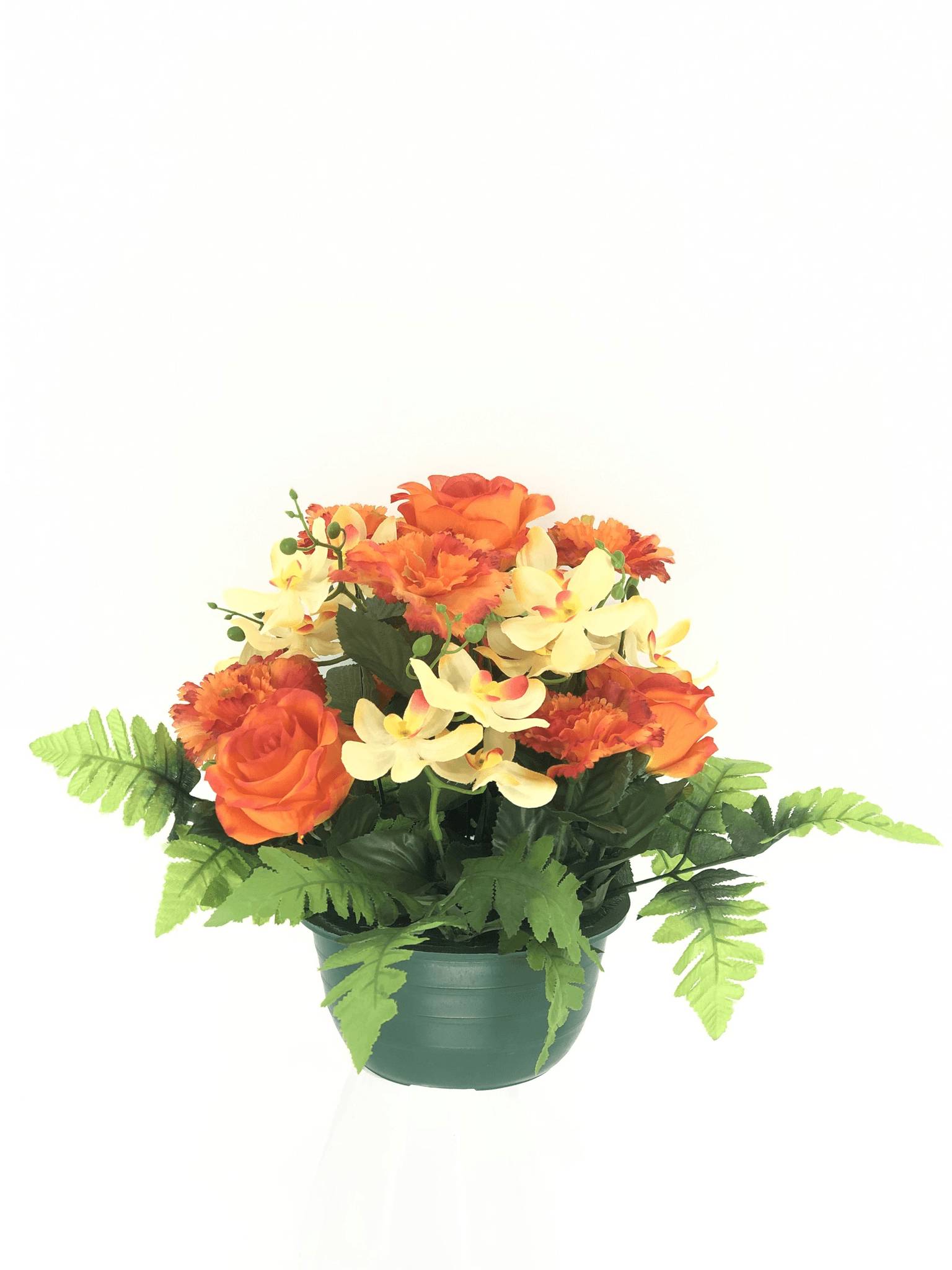 Kalyste - Pot avec roses, œillets, orchidées orange fougères Ø.30 x H.31 cm